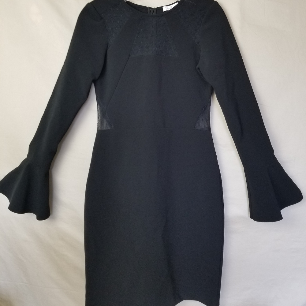 Parker Illusion Dress Black Bell Sleeve Sheath Mesh Stretch Womens Size XS